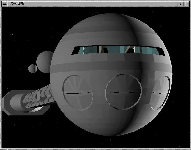 A grey spherical space station with a window band, in a FreeWRL window on black.