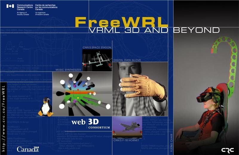 A blue poster: the words FreeWRL, VRML 3D and Beyond, with photos of a data glove, a person in a head-mounted display on a motion chair, a space station, a music synthesizer scene and a jet.