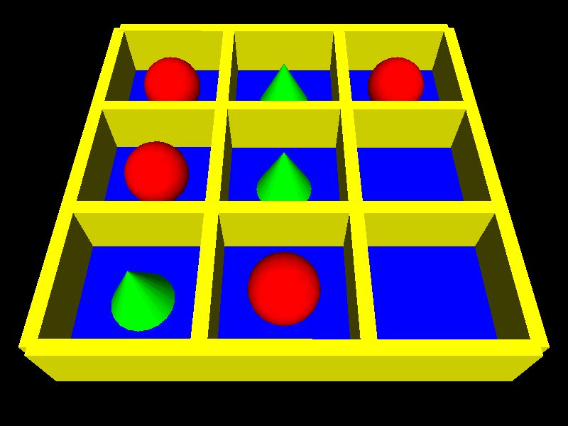 A tic-tac-toe board with yellow walls and blue squares; red spheres and green cones are the pieces.